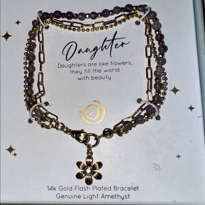 Love This Life Bracelet 14k Gold Flash Plated, Amethyst stones and flower charm